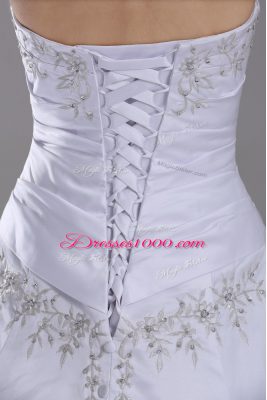 Superior White Wedding Gown Taffeta Brush Train Sleeveless Embroidery