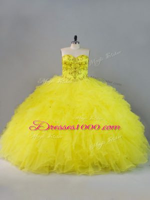 Discount Yellow Ball Gowns Beading and Ruffles 15th Birthday Dress Lace Up Tulle Sleeveless Floor Length