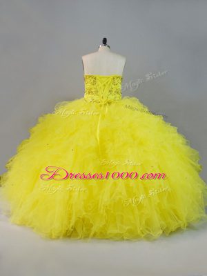 Discount Yellow Ball Gowns Beading and Ruffles 15th Birthday Dress Lace Up Tulle Sleeveless Floor Length