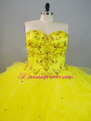 Discount Yellow Ball Gowns Beading and Ruffles 15th Birthday Dress Lace Up Tulle Sleeveless Floor Length