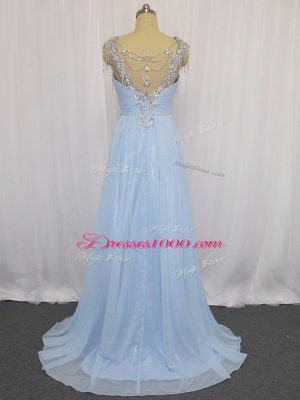 Blue Scoop Neckline Beading and Ruching Sleeveless Zipper