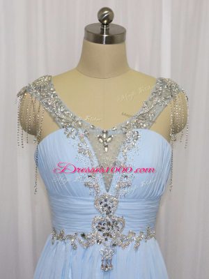 Blue Scoop Neckline Beading and Ruching Sleeveless Zipper