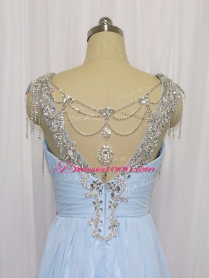 Blue Scoop Neckline Beading and Ruching Sleeveless Zipper