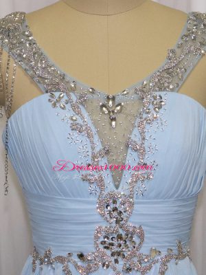 Blue Scoop Neckline Beading and Ruching Sleeveless Zipper