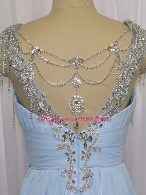 Blue Scoop Neckline Beading and Ruching Sleeveless Zipper