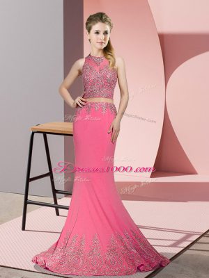 Cute Rose Pink Zipper High-neck Beading and Appliques Evening Outfits Satin Sleeveless Sweep Train