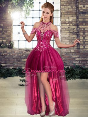 Fuchsia A-line Halter Top Sleeveless Tulle High Low Lace Up Beading Custom Made Pageant Dress