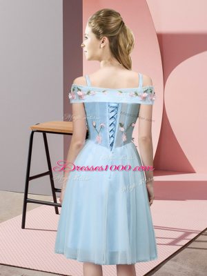 Tulle Off The Shoulder Short Sleeves Lace Up Appliques Quinceanera Court of Honor Dress in Aqua Blue