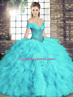 Sumptuous Sleeveless Floor Length Beading and Ruffles Lace Up Sweet 16 Quinceanera Dress with Aqua Blue