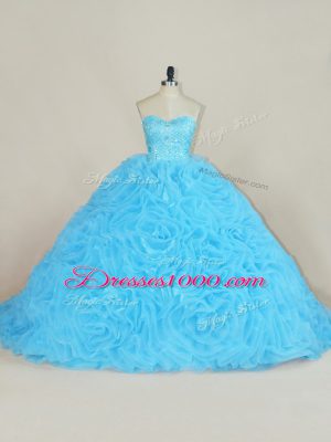Baby Blue Lace Up Sweetheart Beading and Ruffles Quinceanera Gowns Organza Sleeveless Court Train