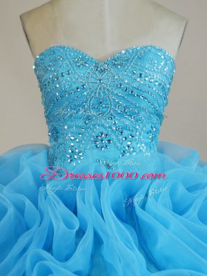 Baby Blue Lace Up Sweetheart Beading and Ruffles Quinceanera Gowns Organza Sleeveless Court Train