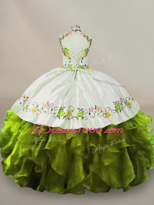 Customized Olive Green Organza Side Zipper Halter Top Sleeveless Floor Length 15 Quinceanera Dress Embroidery and Ruffles