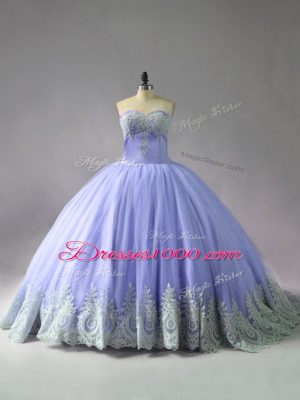 Lavender Sleeveless Tulle Court Train Lace Up Quinceanera Dress for Sweet 16 and Quinceanera