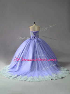 Lavender Sleeveless Tulle Court Train Lace Up Quinceanera Dress for Sweet 16 and Quinceanera