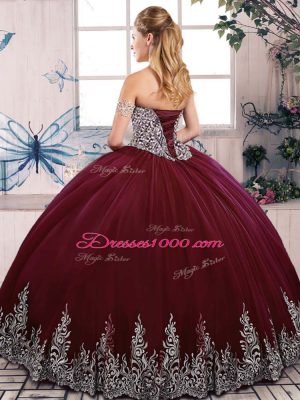 Exceptional Sleeveless Tulle Floor Length Side Zipper Sweet 16 Dress in Burgundy with Beading and Embroidery