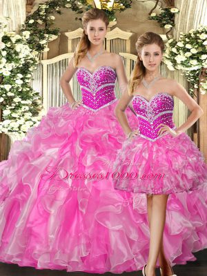 Sleeveless Beading and Ruffles Lace Up Quince Ball Gowns