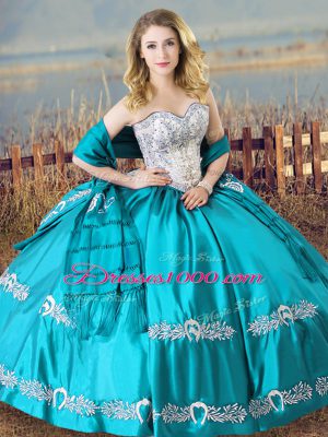 Stunning Ball Gowns Quinceanera Dresses Aqua Blue Sweetheart Satin Sleeveless Floor Length Lace Up