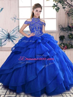 Popular Beading and Ruffled Layers Quinceanera Dress Royal Blue Lace Up Sleeveless Floor Length