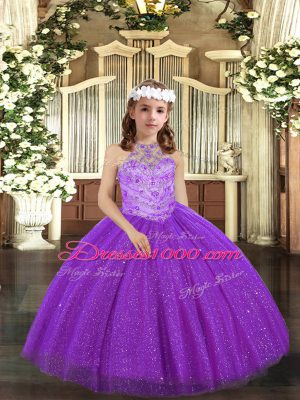 Cute Floor Length Lace Up Child Pageant Dress Purple for Party and Sweet 16 and Wedding Party with Beading