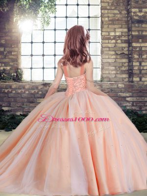 Simple Floor Length Lace Up Little Girls Pageant Dress for Military Ball and Sweet 16 and Wedding Party with Beading