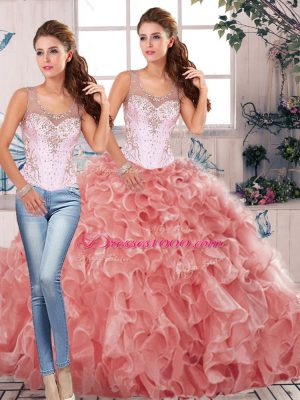 Artistic Watermelon Red Scoop Clasp Handle Beading and Ruffles Quinceanera Dresses Sleeveless