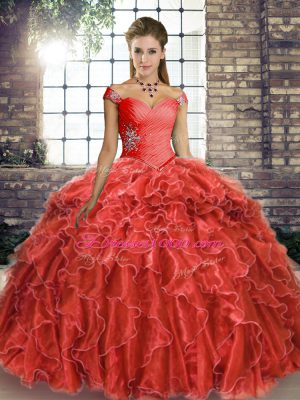 Stunning Coral Red Sleeveless Beading and Ruffles Lace Up Vestidos de Quinceanera