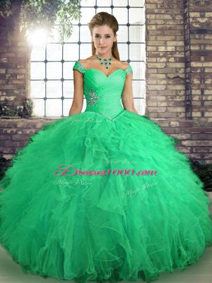 Glamorous Off The Shoulder Sleeveless Lace Up Quinceanera Gown Turquoise Tulle