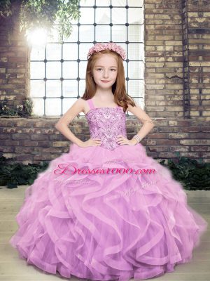 Lavender Sleeveless Floor Length Beading and Ruffles Lace Up Little Girls Pageant Gowns