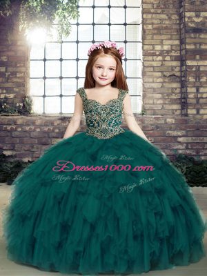 Fashion Teal Tulle Lace Up Straps Sleeveless Floor Length Little Girl Pageant Dress Beading and Ruffles