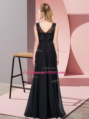 Cute Black Scoop Zipper Beading and Appliques Bridesmaid Gown Sleeveless