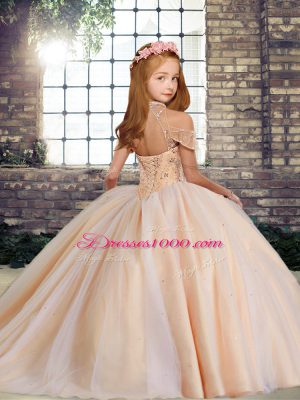 Blue Lace Up High-neck Beading Girls Pageant Dresses Tulle Sleeveless