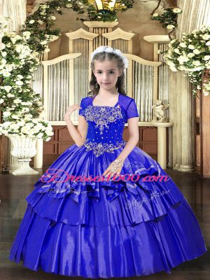 Custom Made Sleeveless Floor Length Beading and Ruffled Layers Lace Up Little Girls Pageant Gowns with Blue