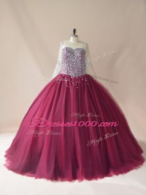 Exquisite Burgundy Long Sleeves Tulle Brush Train Lace Up Quinceanera Gown for Sweet 16 and Quinceanera