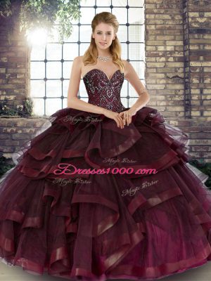 Floor Length Ball Gowns Sleeveless Burgundy Quinceanera Dresses Lace Up