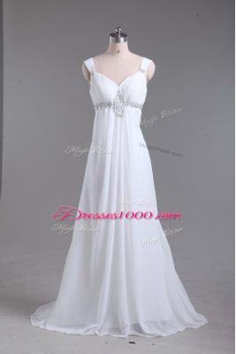 Sleeveless Beading Lace Up Wedding Dresses with White Sweep Train