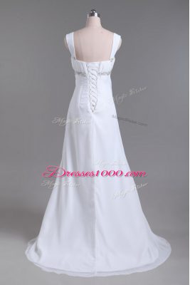 Sleeveless Beading Lace Up Wedding Dresses with White Sweep Train