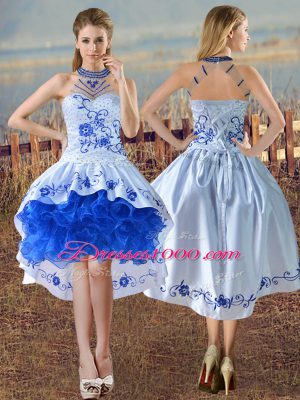 Super Blue And White Satin and Organza Lace Up Halter Top Sleeveless Evening Dress Embroidery and Ruffles