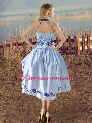 Super Blue And White Satin and Organza Lace Up Halter Top Sleeveless Evening Dress Embroidery and Ruffles