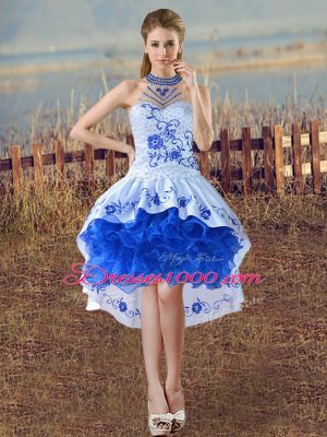 Super Blue And White Satin and Organza Lace Up Halter Top Sleeveless Evening Dress Embroidery and Ruffles