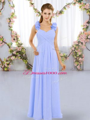 Lavender Empire Chiffon Straps Sleeveless Hand Made Flower Floor Length Lace Up Bridesmaid Gown