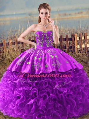 Dramatic Eggplant Purple and Purple Sleeveless Fabric With Rolling Flowers Brush Train Lace Up Sweet 16 Dresses for Sweet 16 and Quinceanera