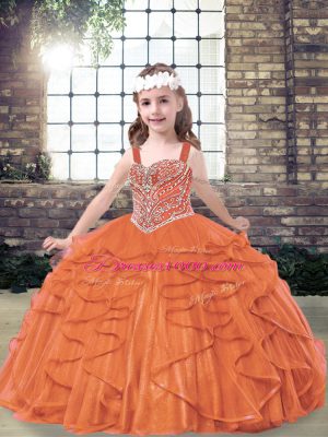 High End Orange Red Ball Gowns Tulle Straps Sleeveless Beading and Ruffles Floor Length Lace Up Little Girls Pageant Dress