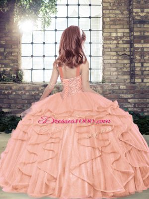 High End Orange Red Ball Gowns Tulle Straps Sleeveless Beading and Ruffles Floor Length Lace Up Little Girls Pageant Dress