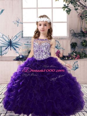 Perfect Purple Scoop Neckline Beading and Ruffles Little Girls Pageant Gowns Sleeveless Lace Up