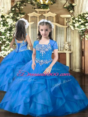 Straps Sleeveless Lace Up Kids Formal Wear Blue Tulle