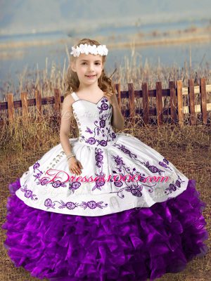 Custom Designed Purple Organza Lace Up Straps Sleeveless Floor Length Party Dresses Embroidery and Ruffles