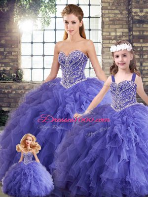 Lavender Ball Gowns Sweetheart Sleeveless Tulle Floor Length Lace Up Beading and Ruffles Quinceanera Dresses