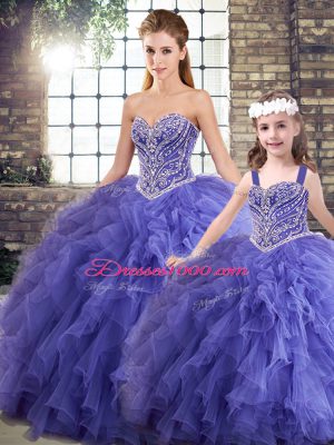 Lavender Ball Gowns Sweetheart Sleeveless Tulle Floor Length Lace Up Beading and Ruffles Quinceanera Dresses