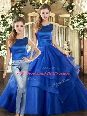 Customized Tulle Scoop Sleeveless Lace Up Ruffled Layers 15 Quinceanera Dress in Royal Blue