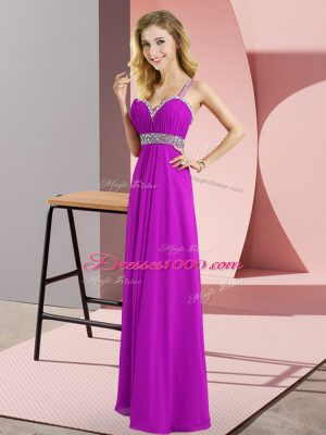 Noble Purple Chiffon Criss Cross Homecoming Dress Sleeveless Floor Length Beading